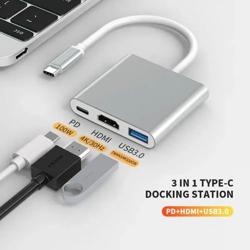 3-in-1 Type-C docking station with USB-C cable on a light gray background